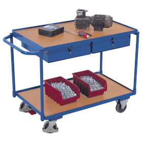 VARIOfit Tischwagen Transportwagen mit Stahlrahmen, 2 Ladeflächen aus Holz und 2 Schubladen