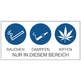 Hinweisschild Rauchen, Dampfen, Kiffen nur in diesem Bereich